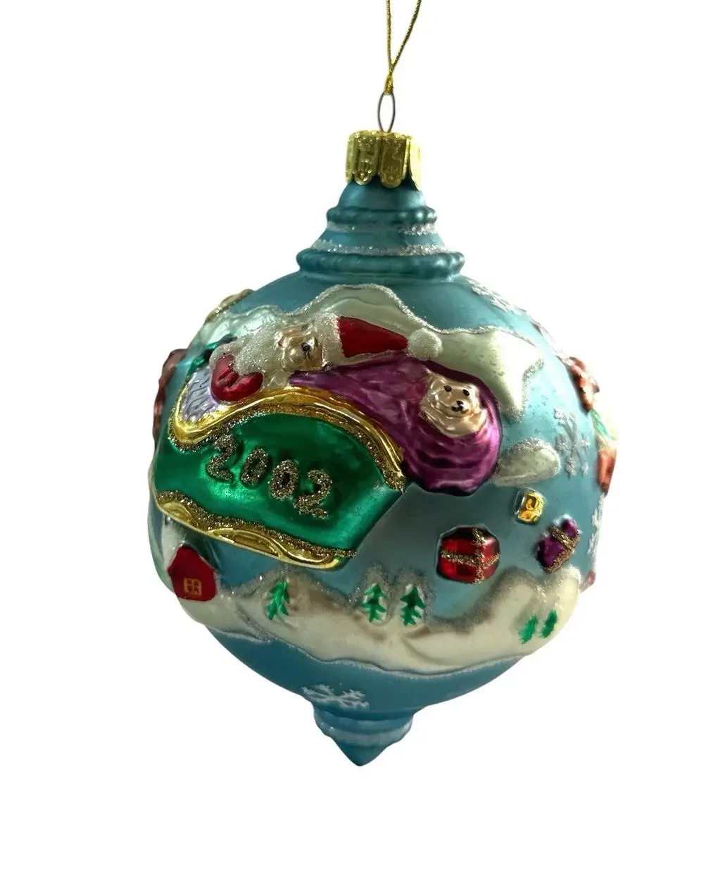 Santa’s Best 2002 Santa Sleigh Reindeer Glass Christmas Ornament 5.5”